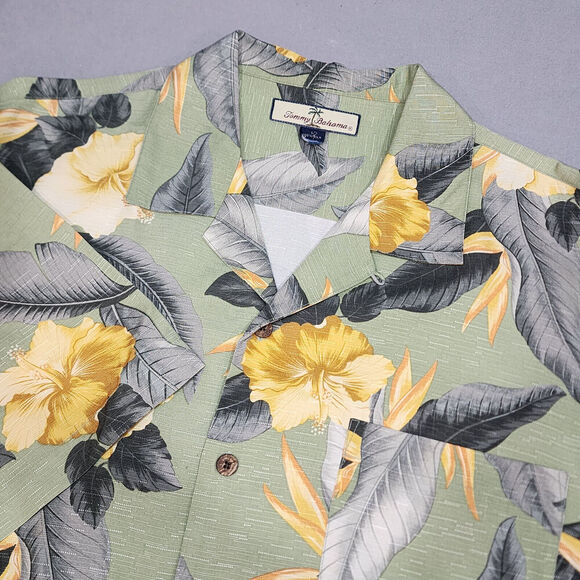 Tommy Bahama 100% Silk Hawaiian Shirt Yellow Green Hibiscus Leaves Men's Large - Picture 1 of 5